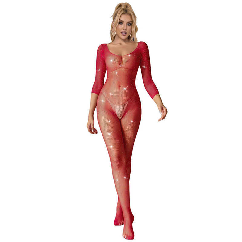 subblime 952419 netz bodystocking mit diamanten, lange Ärmel, rot, xs/m