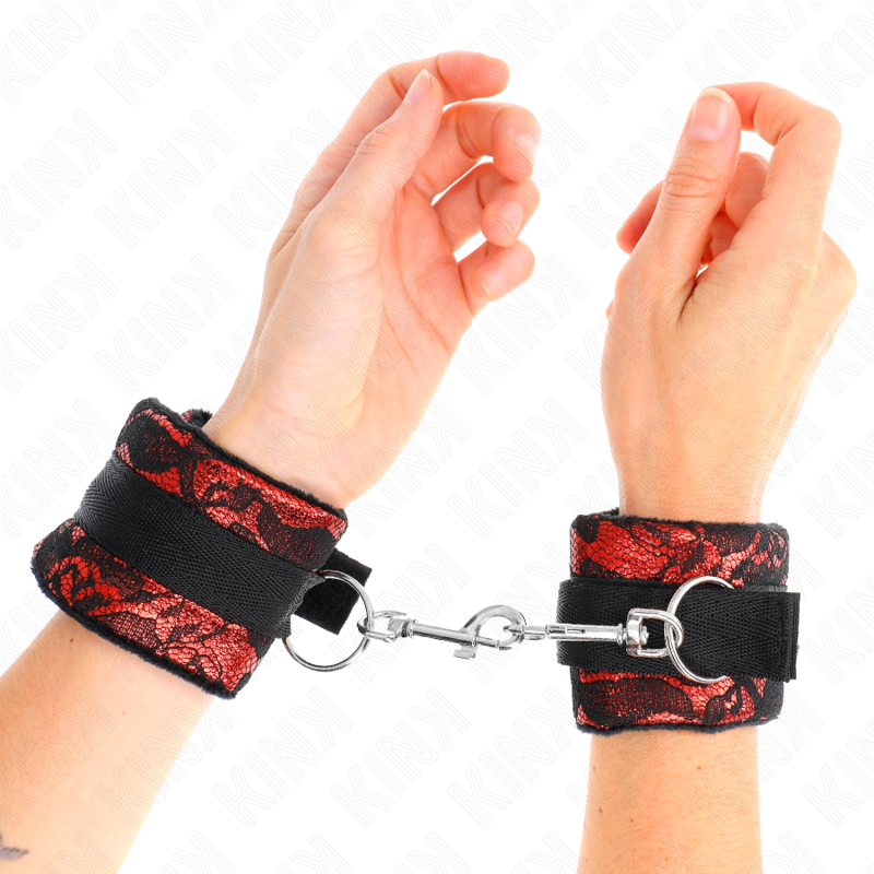 kink kurze handgelenksfesseln aus samtspitze und nylonfessel rot/schwarz 23 x 6,5 cm