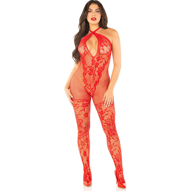 leg avenue netz bodystocking mit blumendruck, rot, eine grÖsse