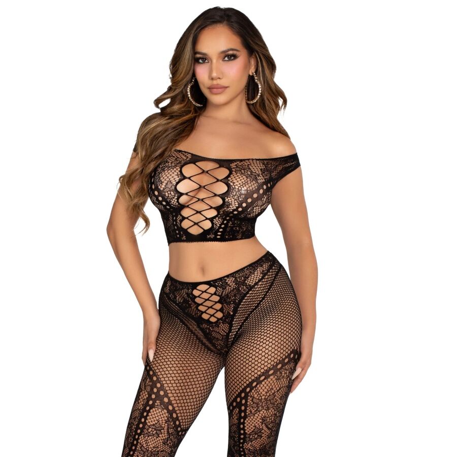 leg avenue crop top und netzlegging mit freien schultern schwarz