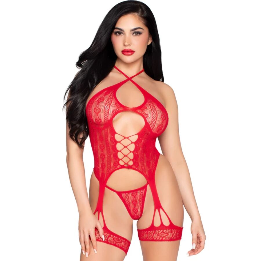 leg avenue 89338 offener spitzen bodysuit mit strumpfgÜrtel + string rot eine grÖsse