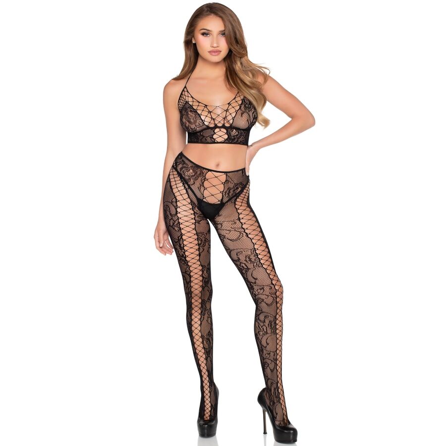 leg avenue 89368 netz und spitzen crop top und strumpfhose, schwarz einheitsgrÖsse