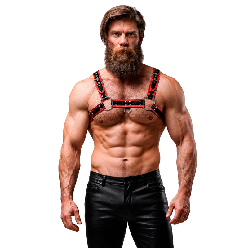 männer brustharness aus veganem leder schwarz rot verstellbar – fetish submissive attitude