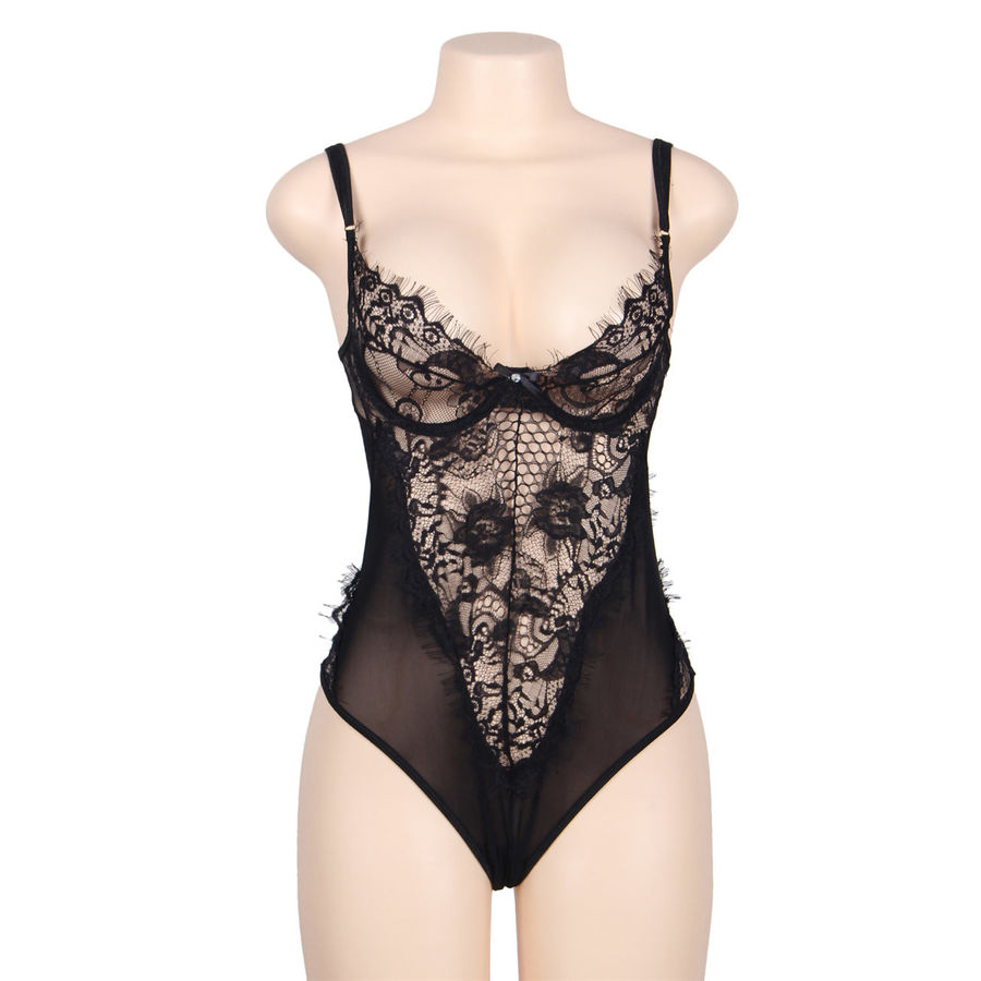 subblime queen plus floral lace und fringed black teddy