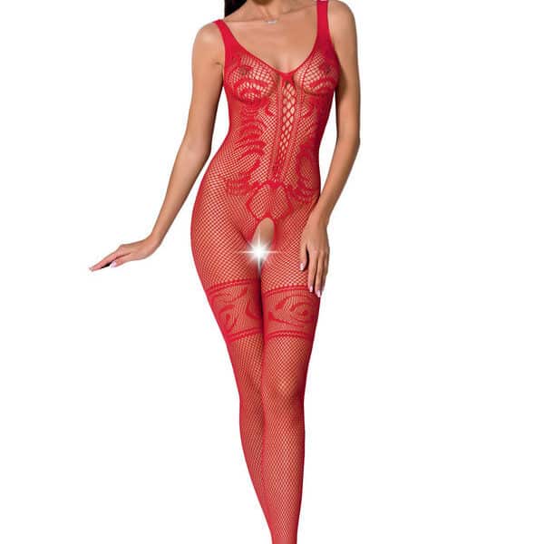 Roter Netzbody Bodystocking mit Schrittöffnung und elastischem Stoff PASSION